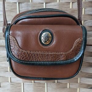 VTG 80's 90's Rivage Brown Crossbody Mini Purse Camera Bag Croc Embossed Trim